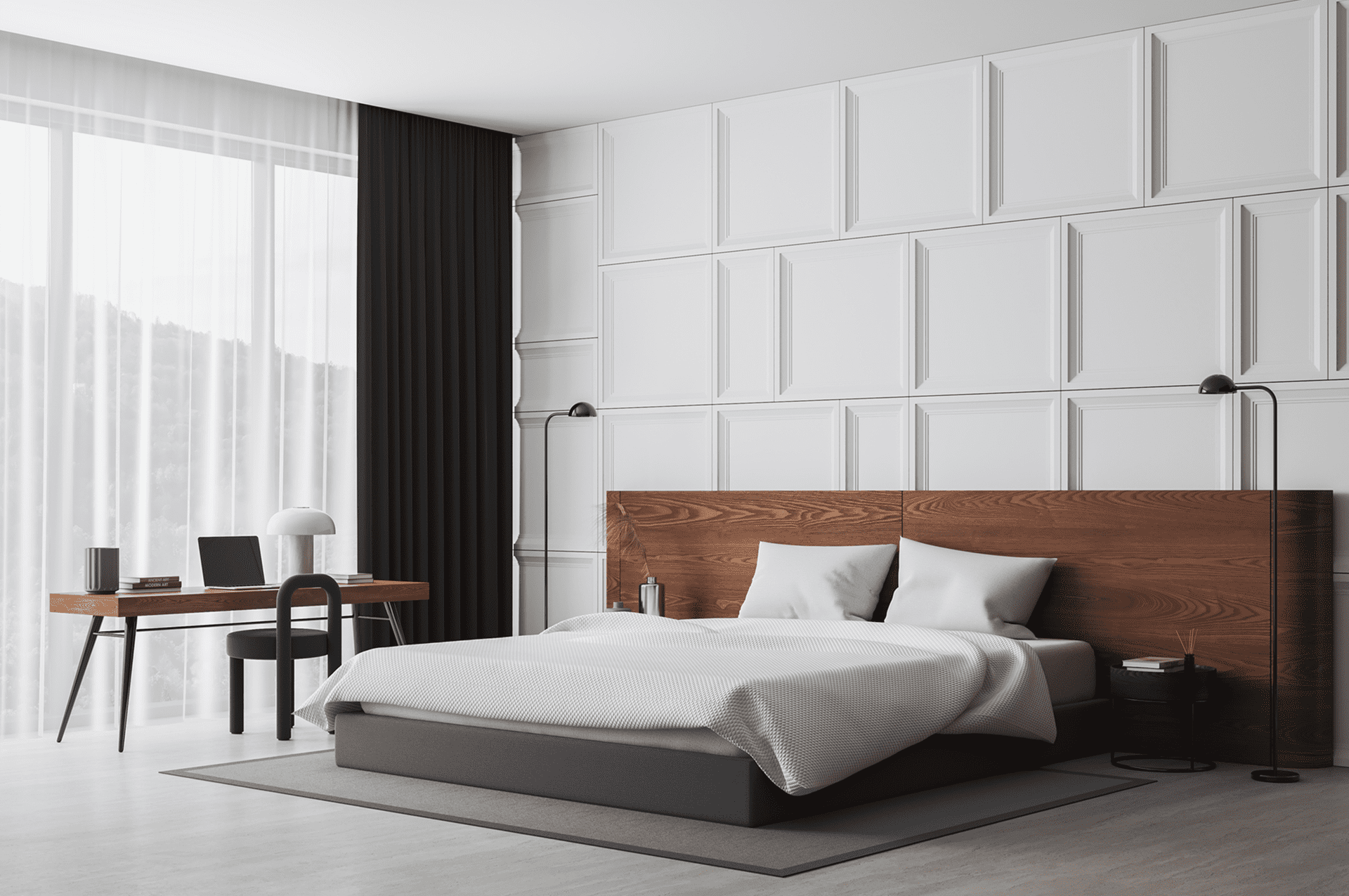 Minimalist bedroom with bed and desk.