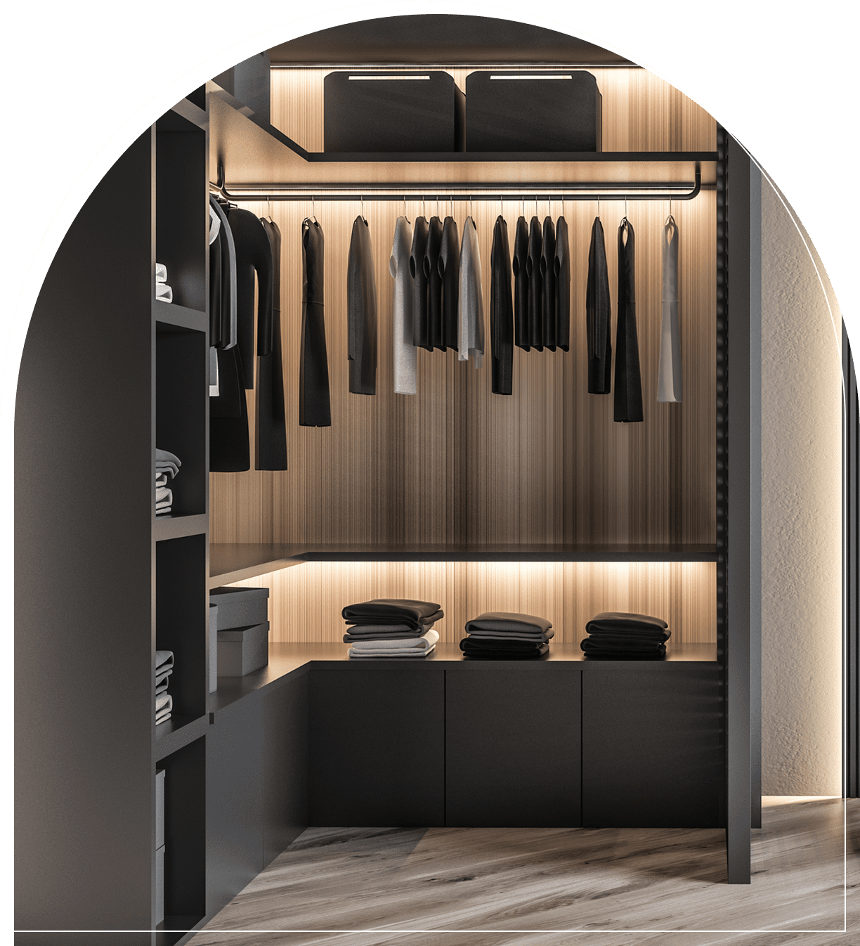 Modern walk-in closet with clothes and shelves.