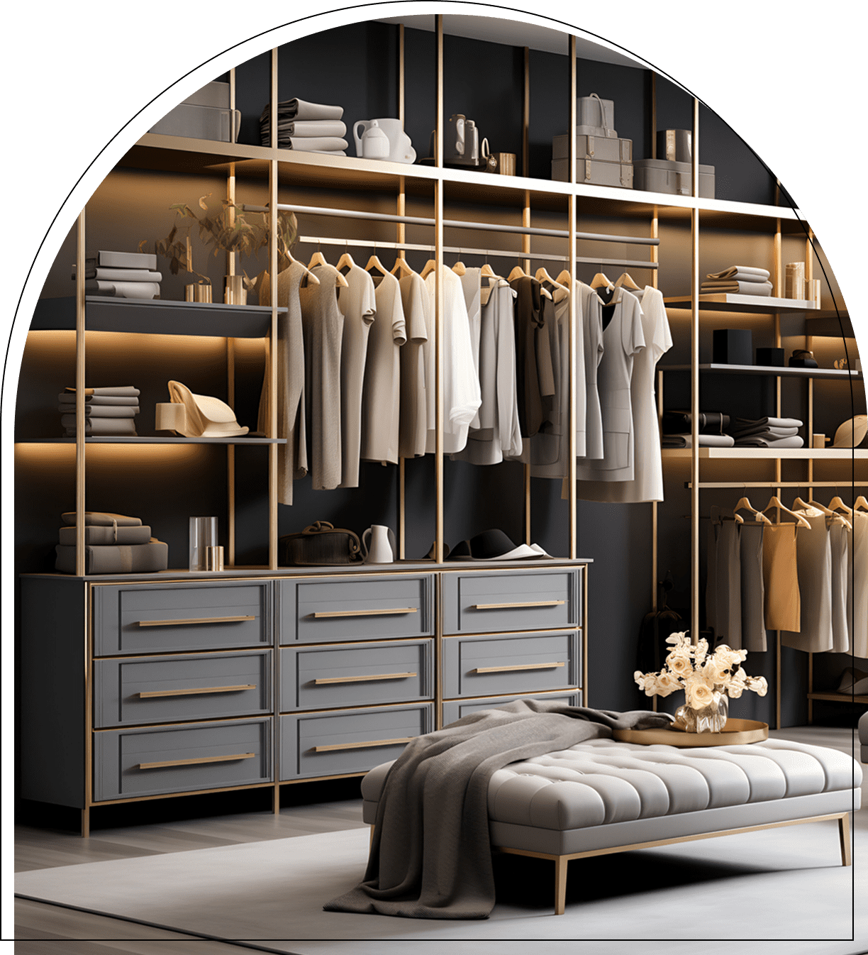 Modern walk-in closet with clothes and shelves.