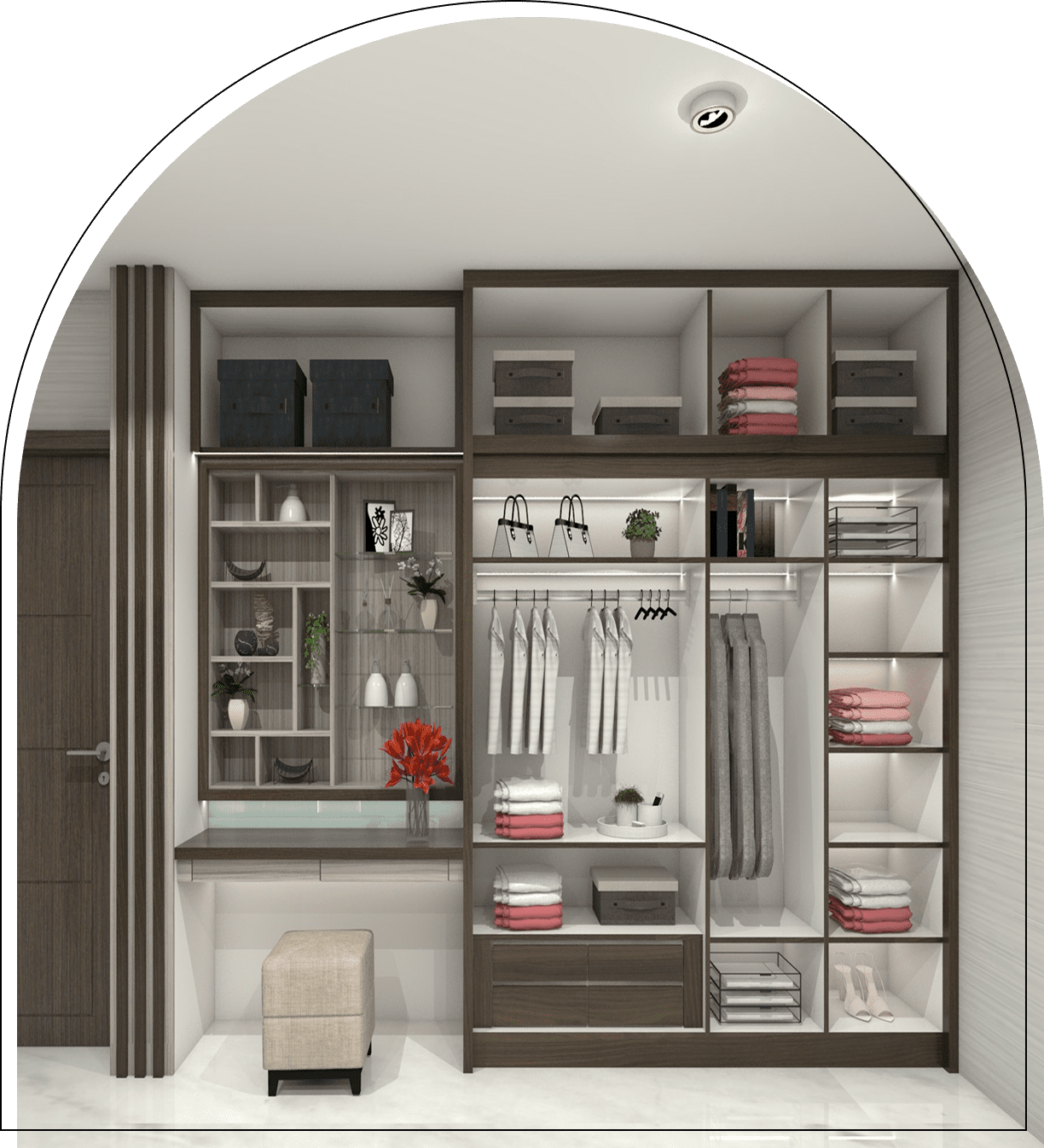 Modern wardrobe with clothes and storage shelves.