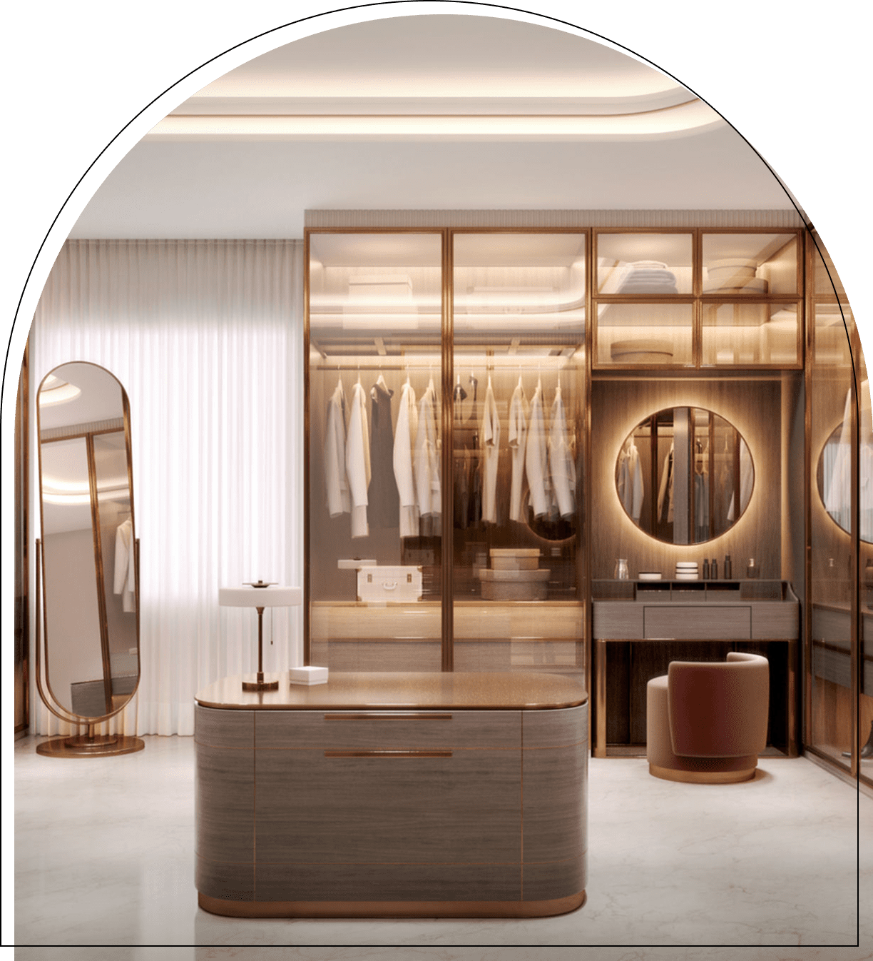 Elegant walk-in closet with modern furnishings.